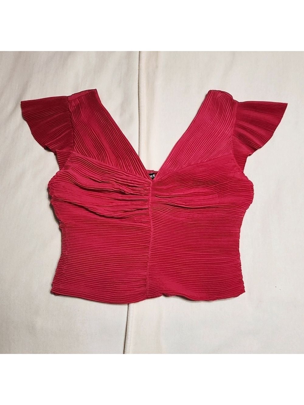 Express Hot Pink Pleated Flutter Sleeve Crop Top Medium - Picture 6 of 9